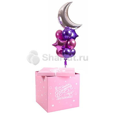 Композиция из розовых и фиолетовых хромированных шаров в розовой коробке