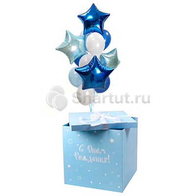 Бело-голубые и синие шары в голубой коробке