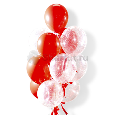 Облако красных и прозрачных шаров с кофетти 15 шт