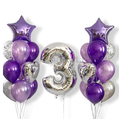 Композиция шаров с серебряной цифрой и фиолетовыми шарами