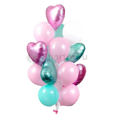 Композиция из шаров с розовыми и бирюзовыми сердцами