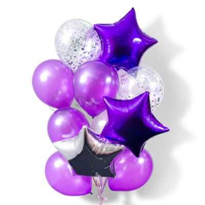 Композиция из шаров с фиолетовыми звездами