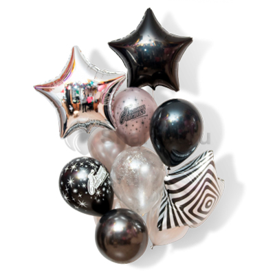 Композиция из шаров с черной, серебряной и полосатой звездой