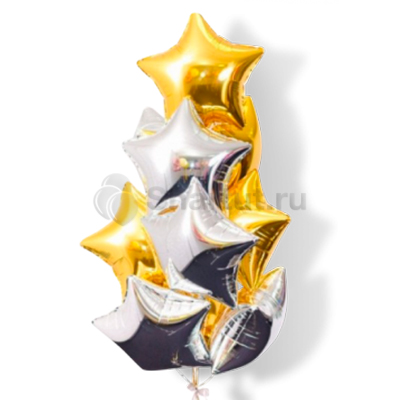 Композиция из шаров с золотыми и серебряными звездами