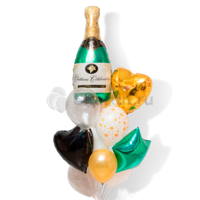 Композиция из шаров с бутылкой шампанского