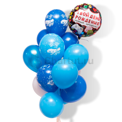 Композиция из голубых шаров с надписью